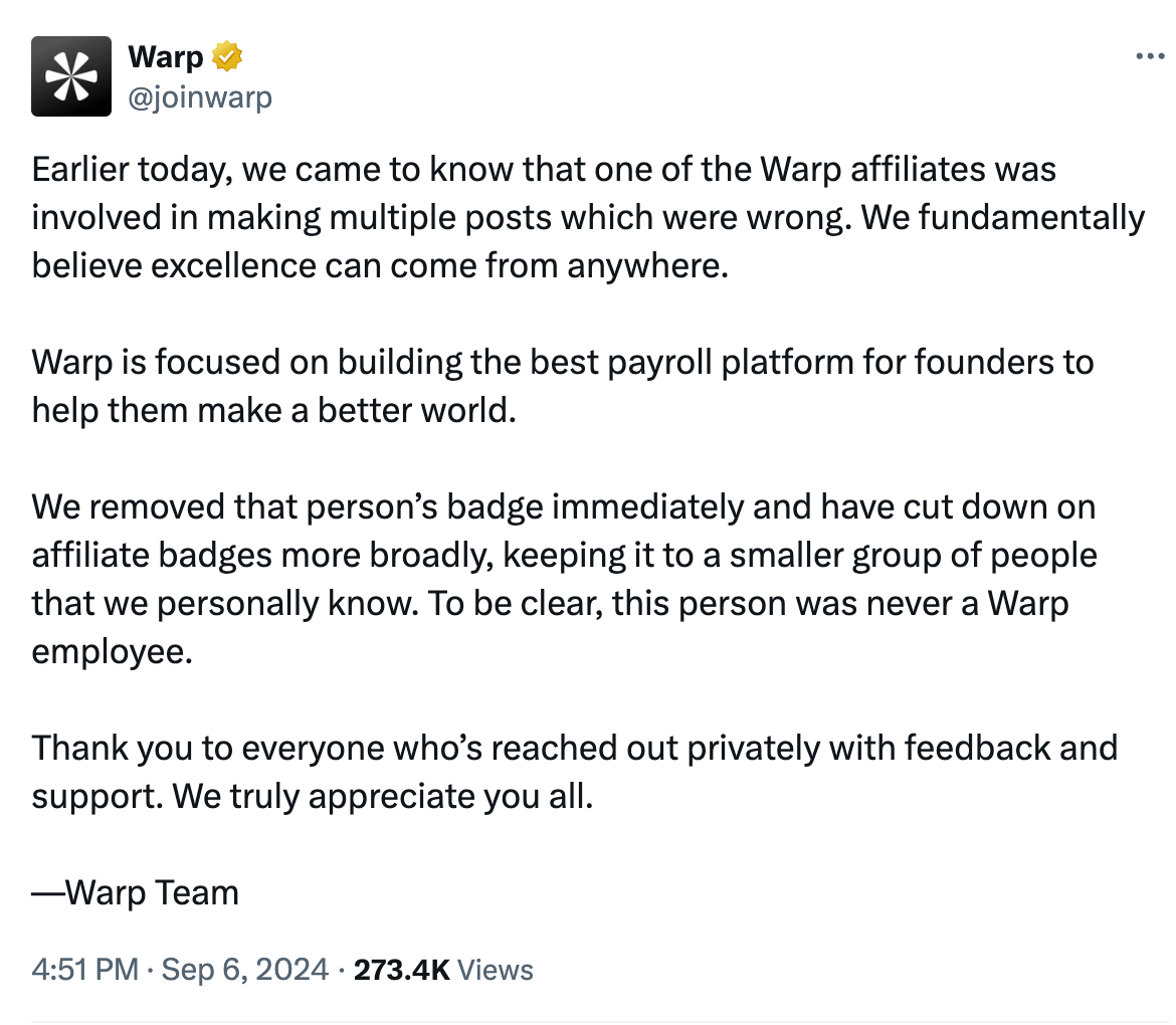 screenshot of warp's official message on twitter