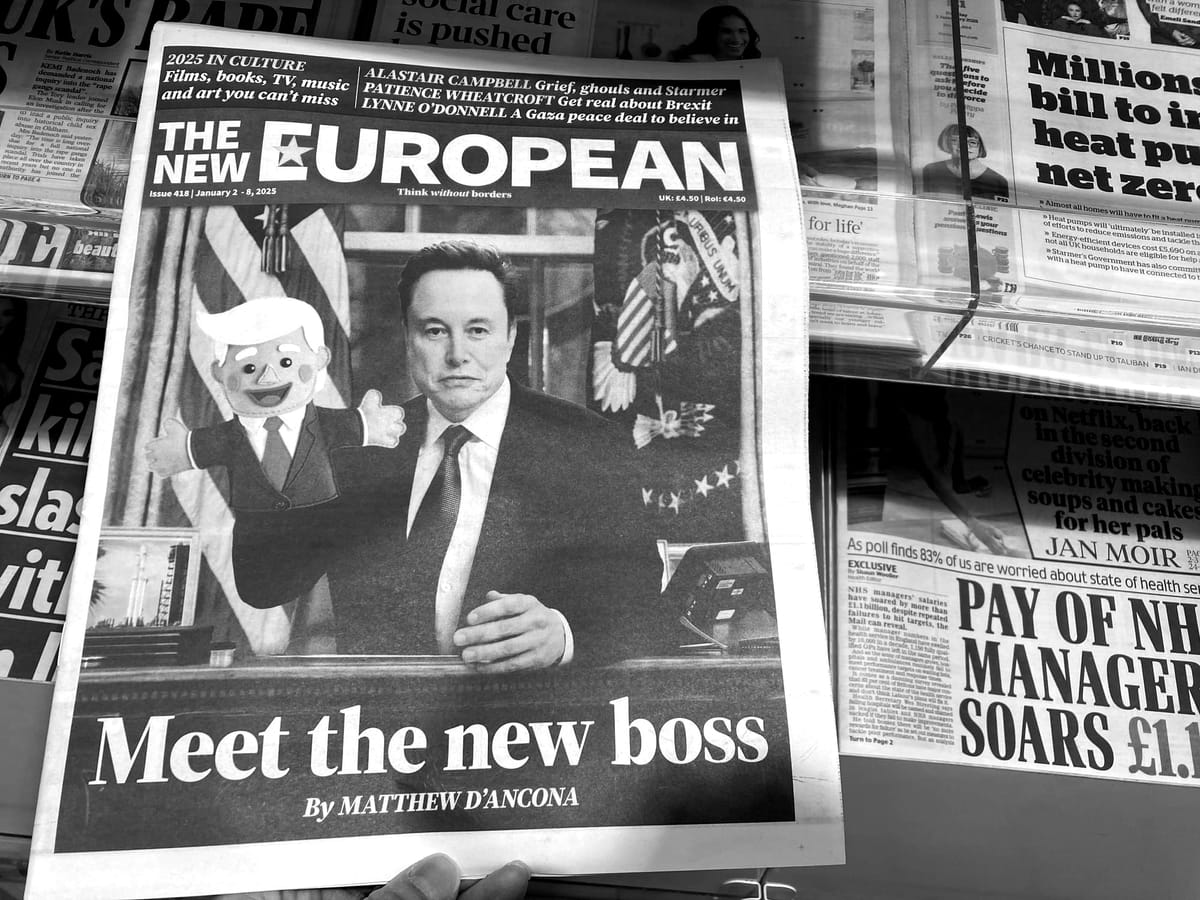 elon musk holding a puppet trump on his hand. Front page of The New European newspaper.