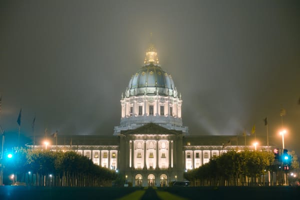 dark and foggy SF City Hall with ominous vibes