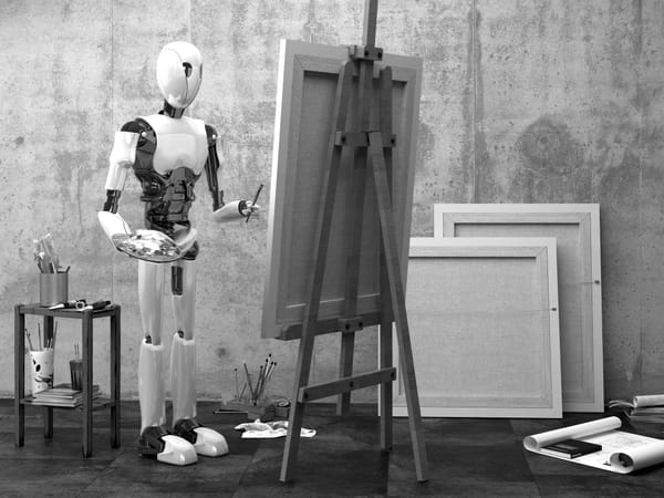 3D illustration of a robot standing before an easel as if to paint a picture