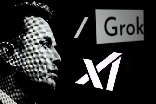 Image of Elon Musk with Grok and XAI logos.